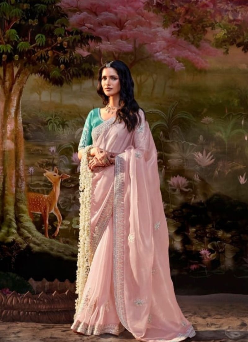 Stunning embroidered chiffon saree in baby pink