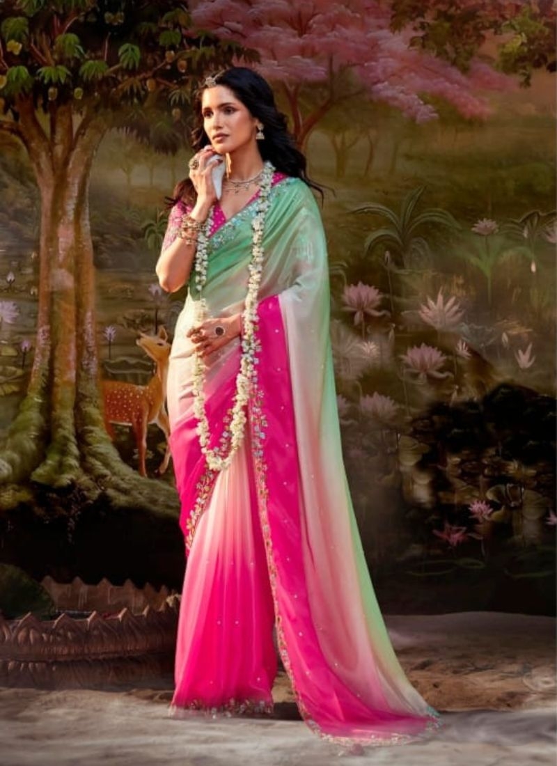 Stunning embroidered chiffon saree in pink