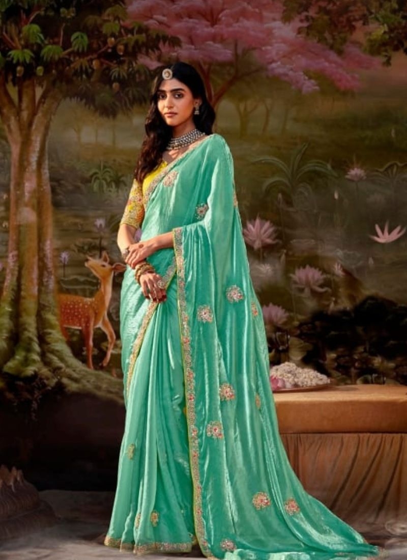 Stunning embroidered chiffon saree in green