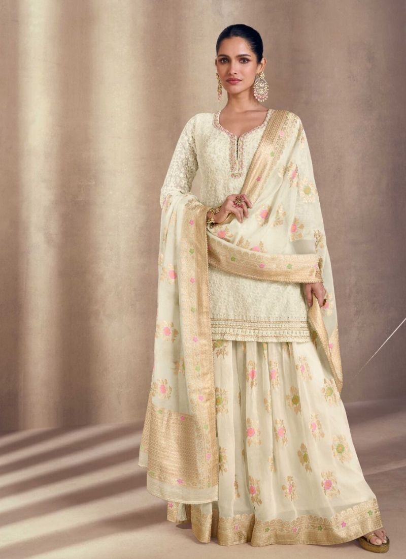 Exquisite embroidered premium silk sharara suit in white