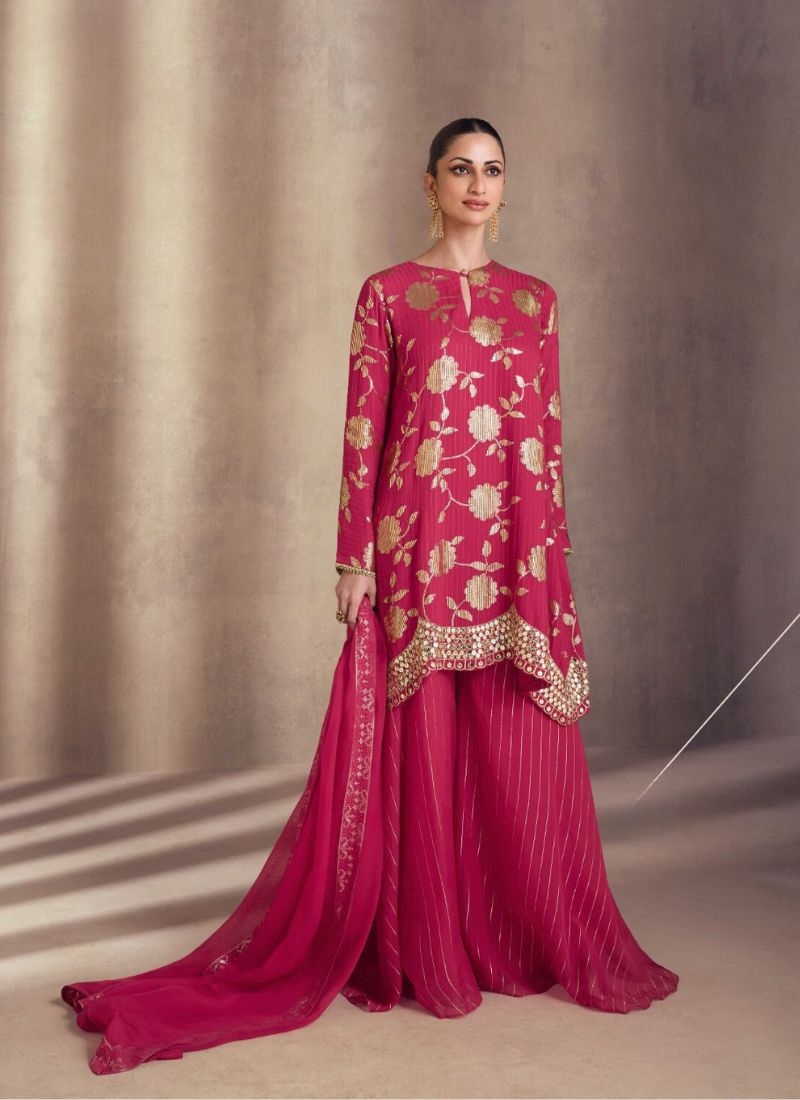 Exquisite embroidered premium silk sharara suit in red