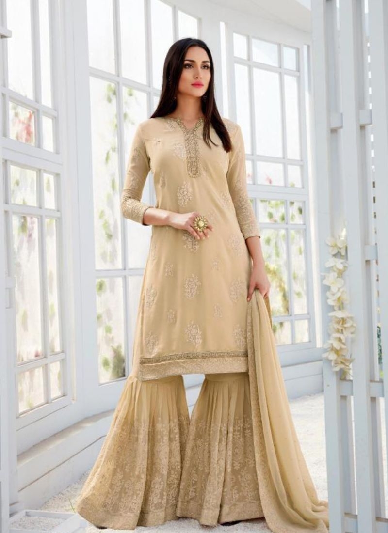 Stunning embroidered sharara suit in beige