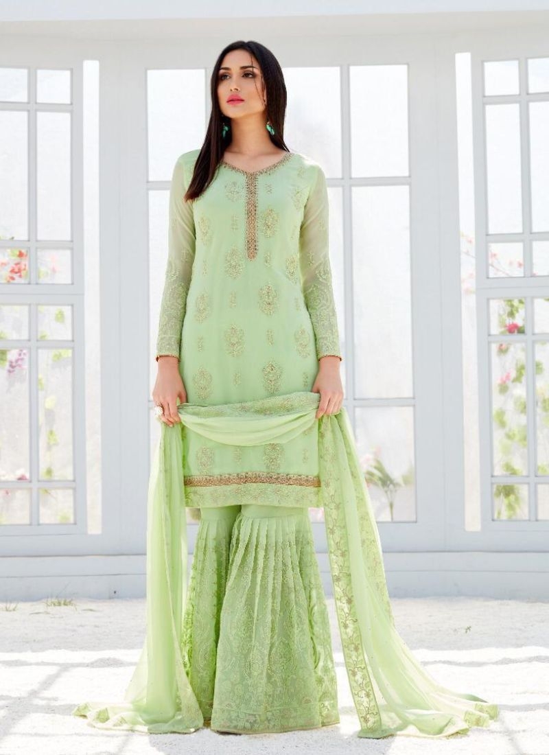 Stunning embroidered sharara suit in light green