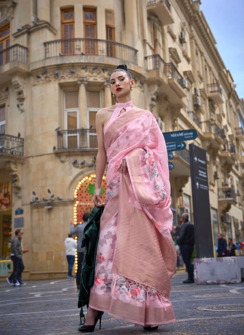 Exquisite digital printed silk saree in baby pink