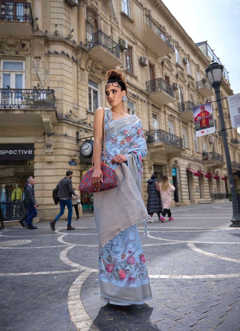 Exquisite digital printed silk saree in blue