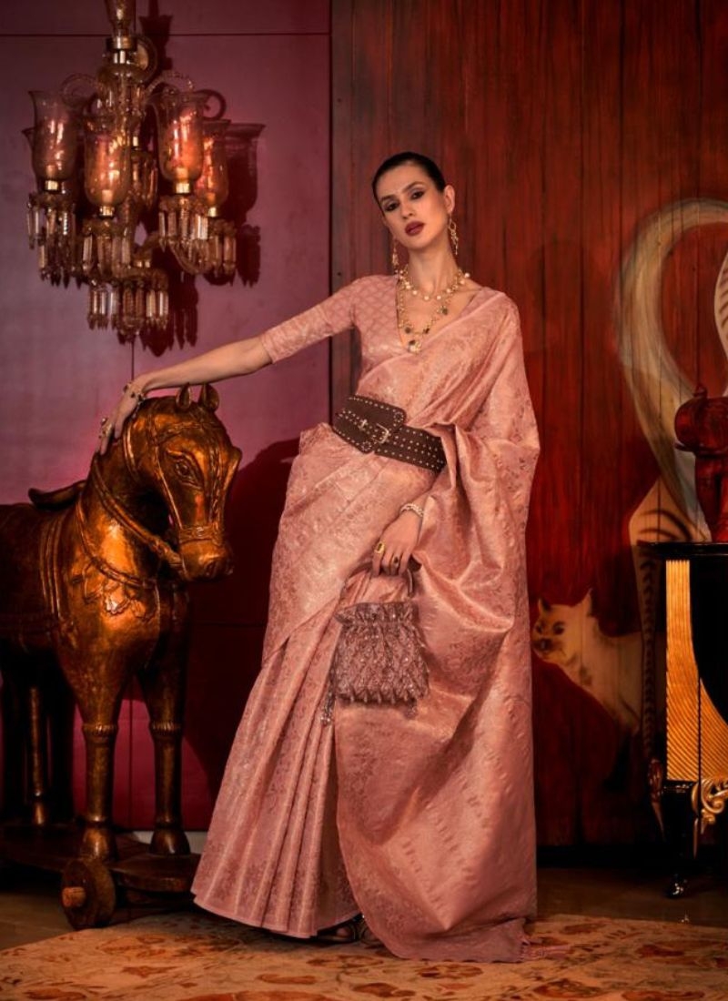 Stunning handloom weaving silk saree in peach pink