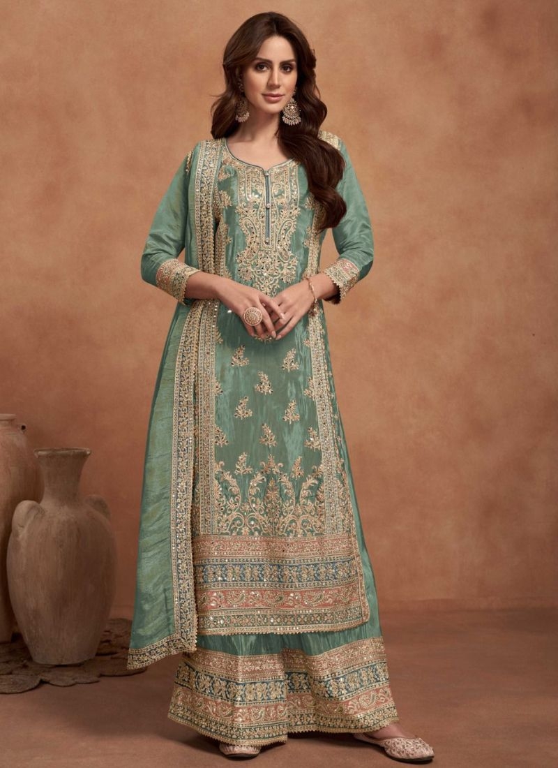 Beautifully embroidered silk palazzo suit in pastel green