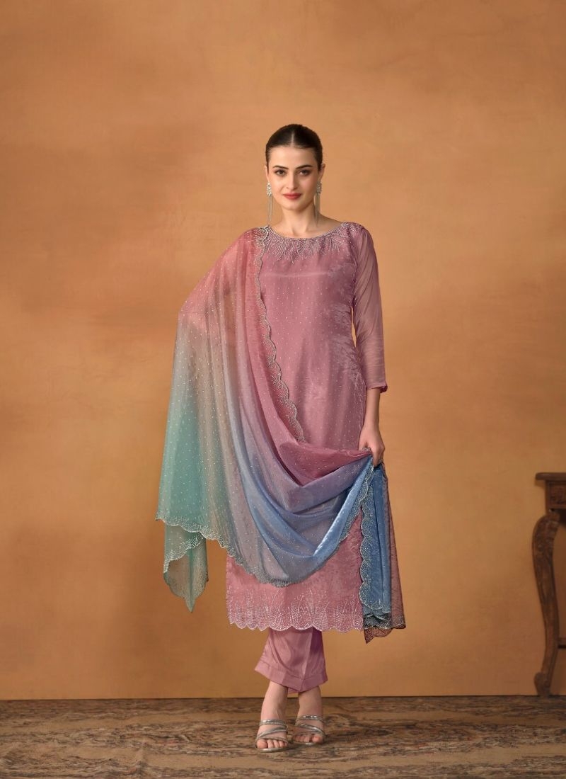 Designer crystal embroidered kurta pant suit in pink