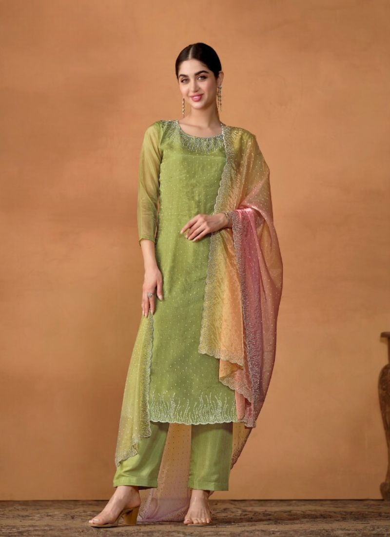 Designer crystal embroidered kurta pant suit in green