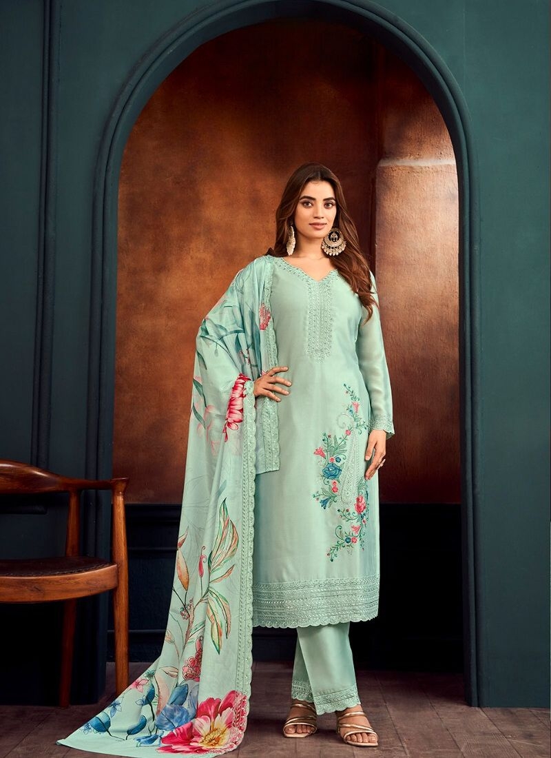 Stunning digital printed kurta pant suit in blue