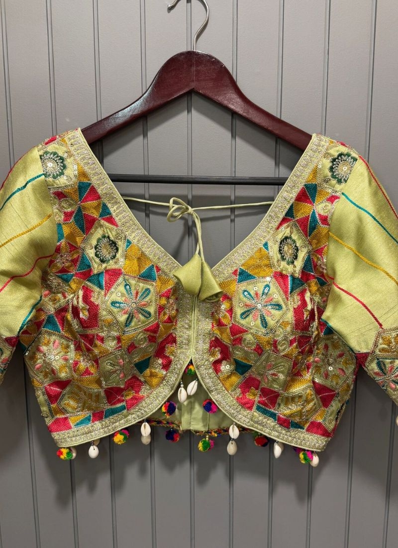 Premium embroidered silk blouse in light yellow