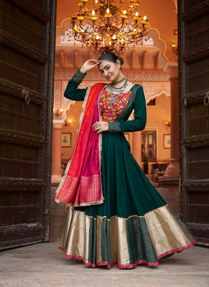 Designer embroidered rayon lehenga choli in dark green