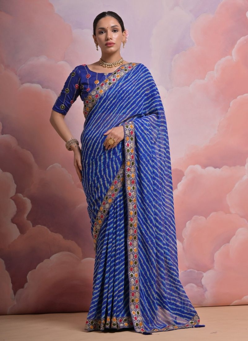 Beautiful embroidered georgette saree in blue