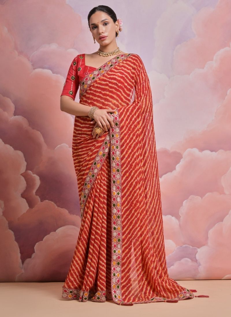 Beautiful embroidered georgette saree in red