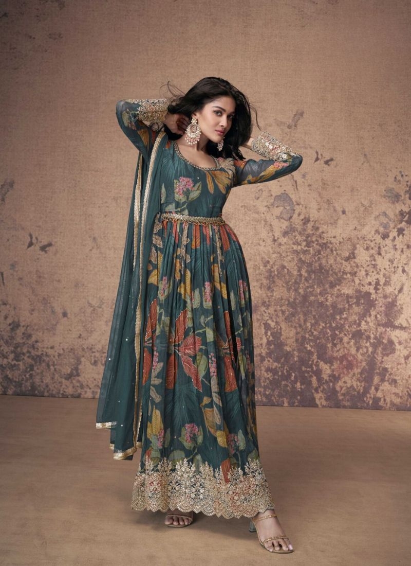 Stunning floral printed georgette Anarkali suit in green