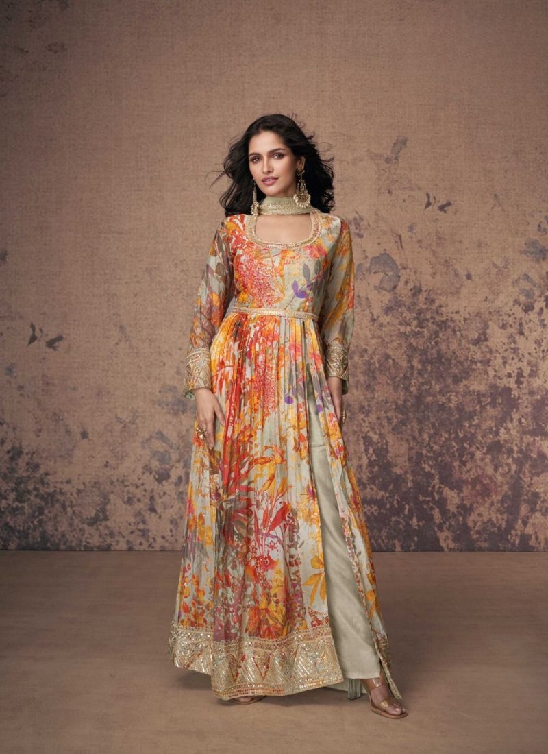 Stunning floral printed georgette Anarkali suit in orange