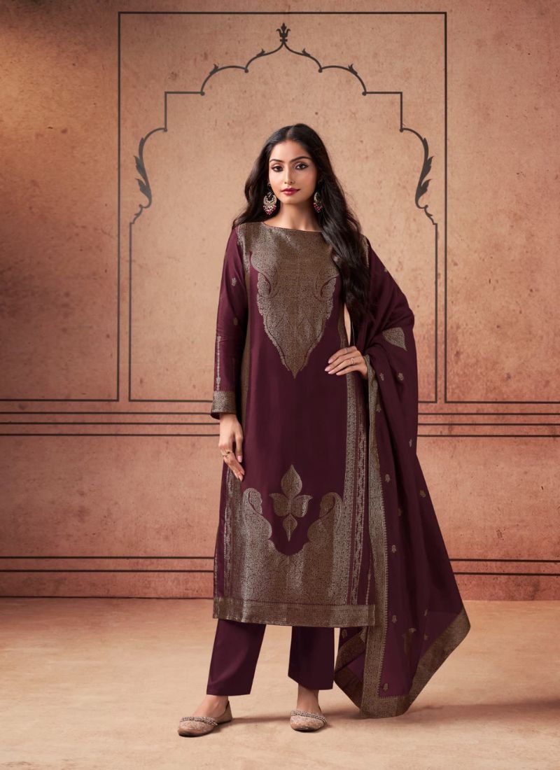 Beautiful jacquard printed silk kurta pant suit in maroon