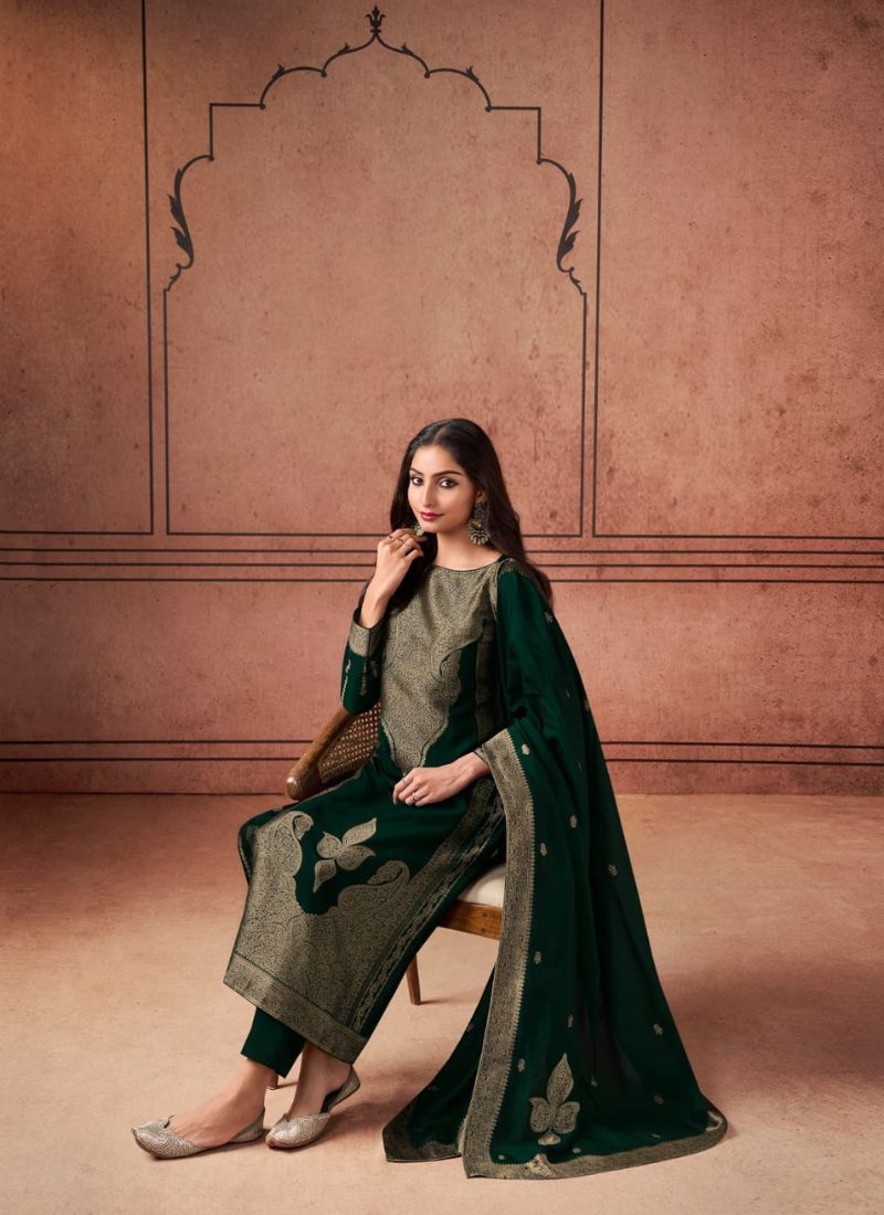 Beautiful jacquard printed silk kurta pant suit in dark green