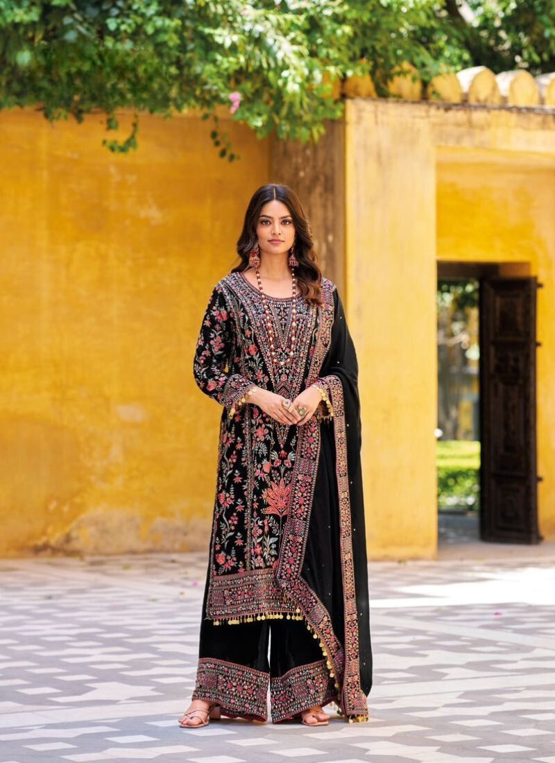 Stunning heavy embroidered Chinon palazzo suit in black