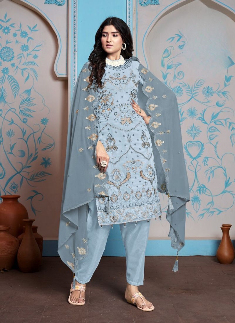 Designer embroidered georgette kurta pant suit in blue