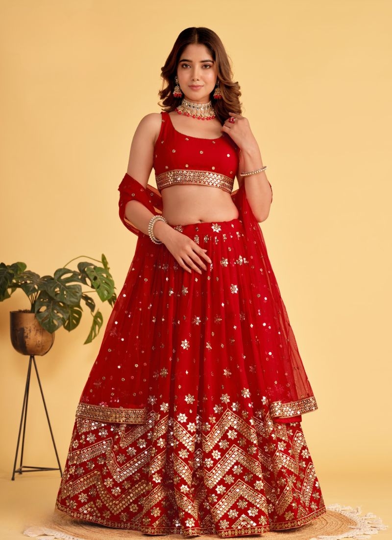 Beautiful embroidered georgette lehenga choli in red