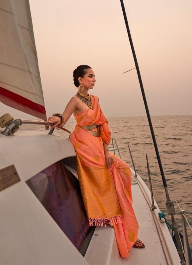 Exquisite hand weaving satin silk saree in orange