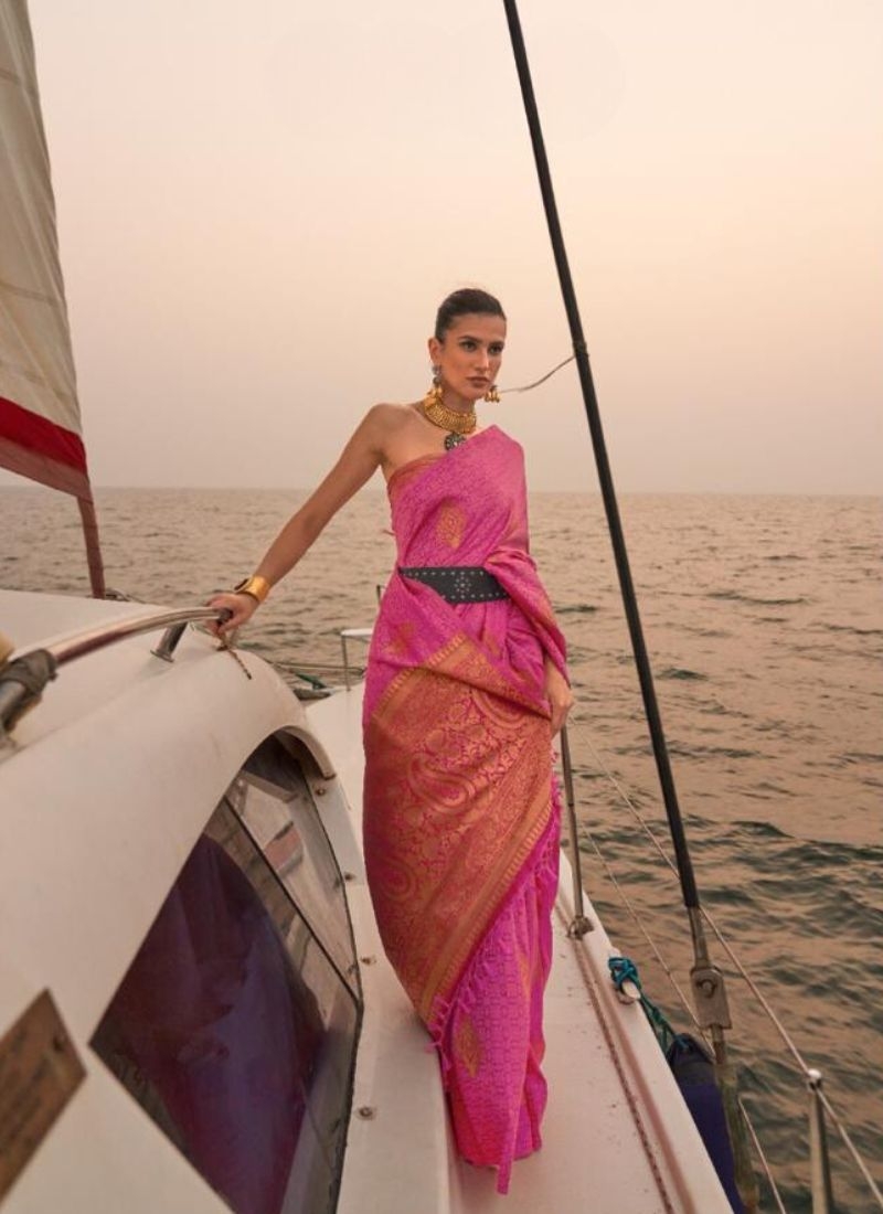 Exquisite hand weaving satin silk saree in pink