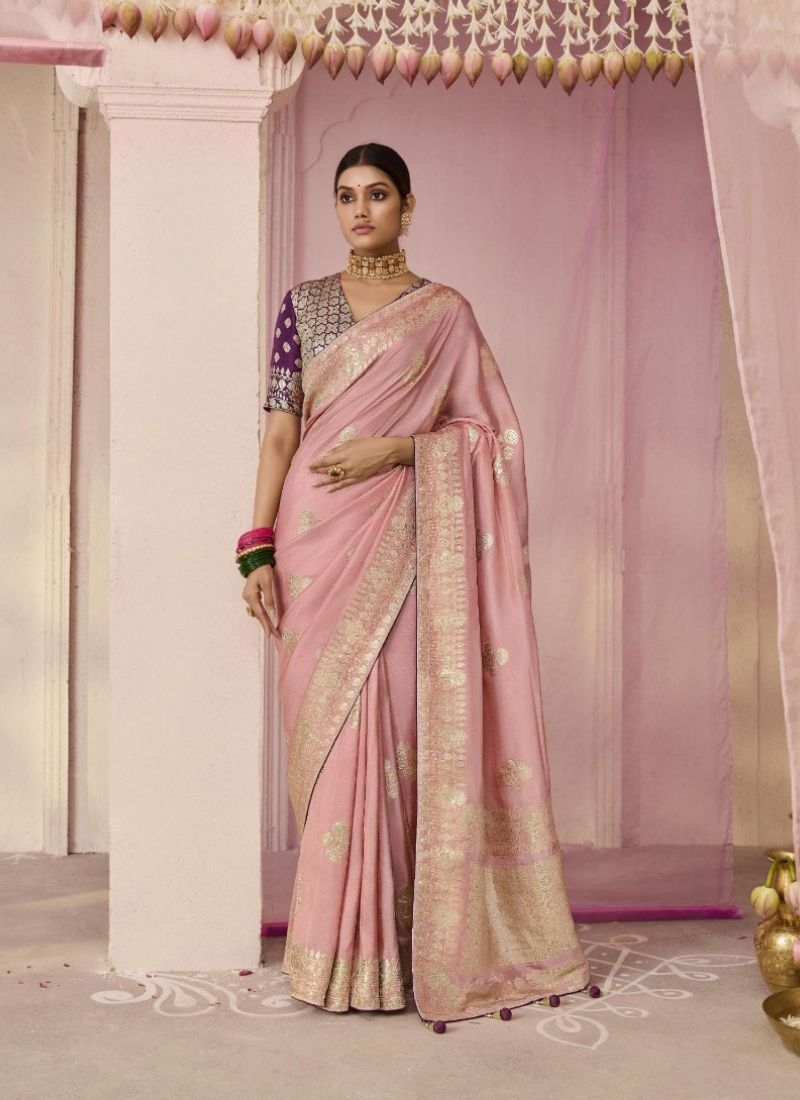 Exquisite dola silk saree with meenakari weaving in baby pink