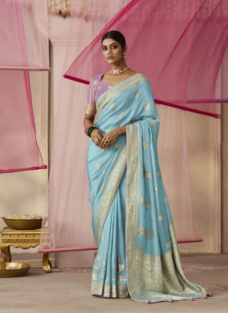 Exquisite dola silk saree with meenakari weaving in light blue