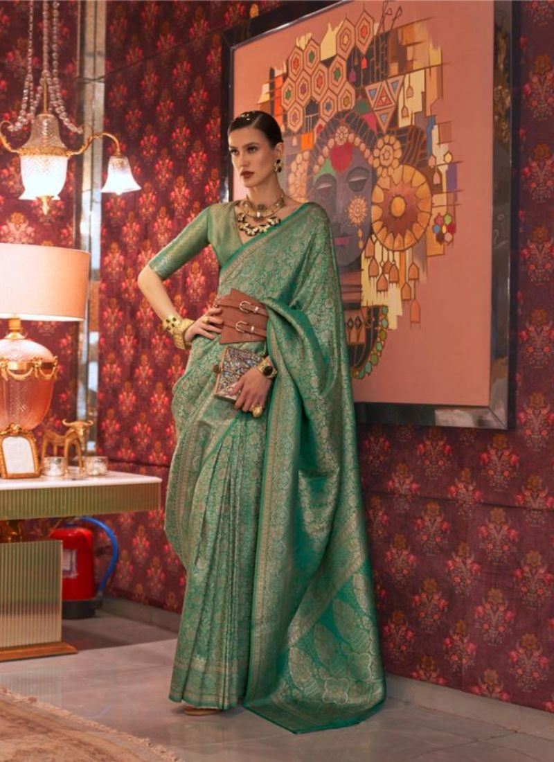 Stunning hand weaving kabby silk saree in dark green