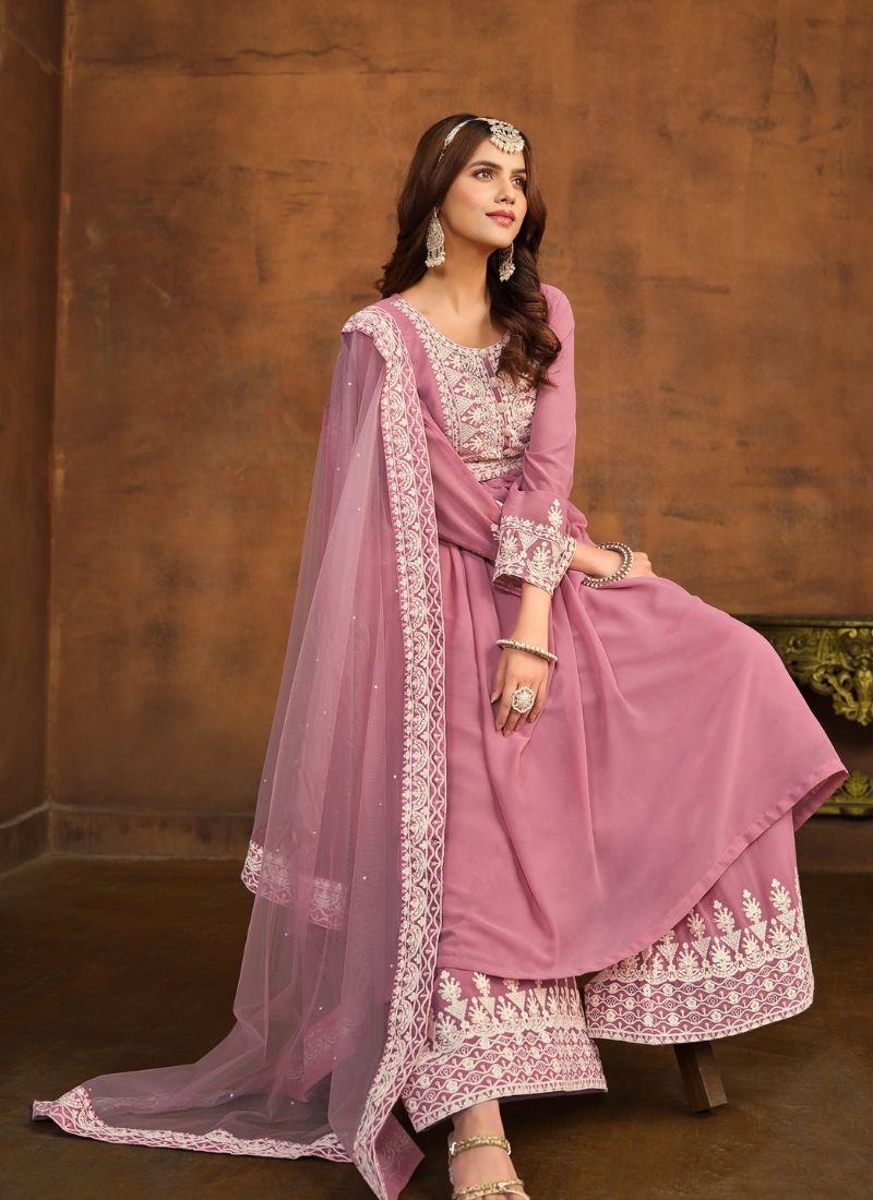 Beautiful embroidered faux georgette palazzo suit in pink