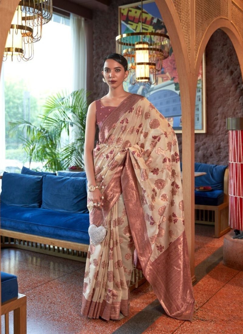 Exquisite zari weaving silk saree in beige