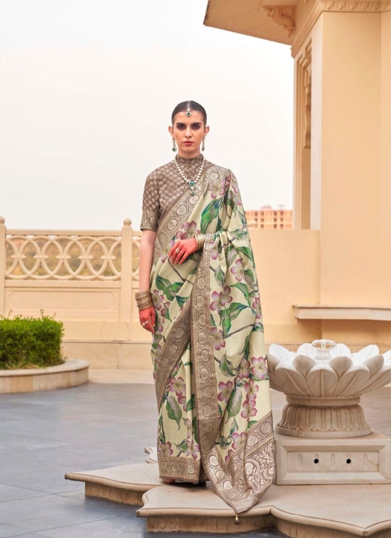 Gorgeous floral printed silk saree in dark green