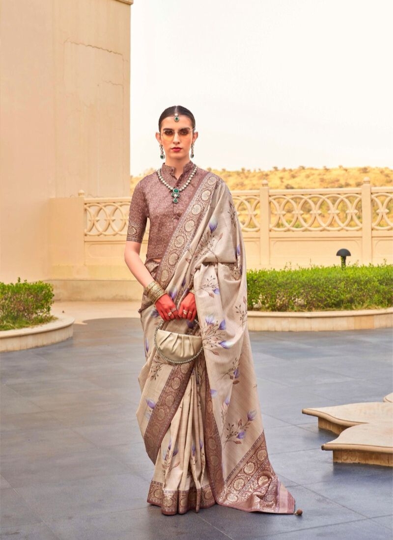 Gorgeous floral printed silk saree in beige