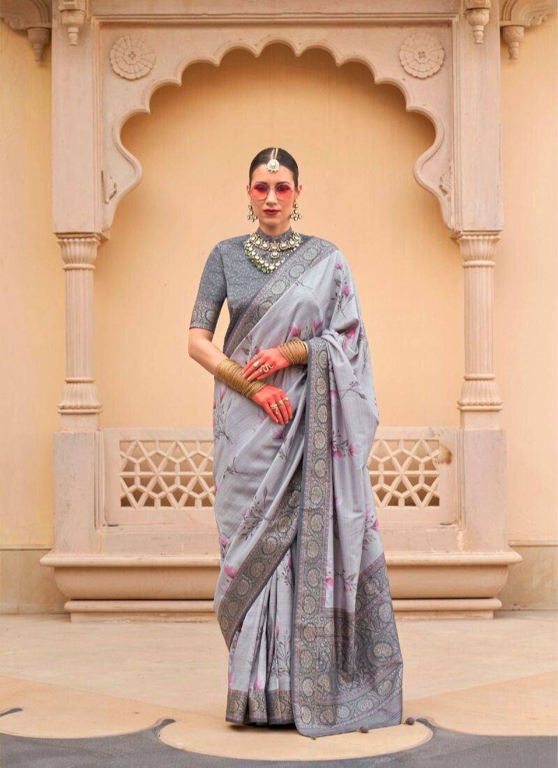 Gorgeous floral printed silk saree in grey