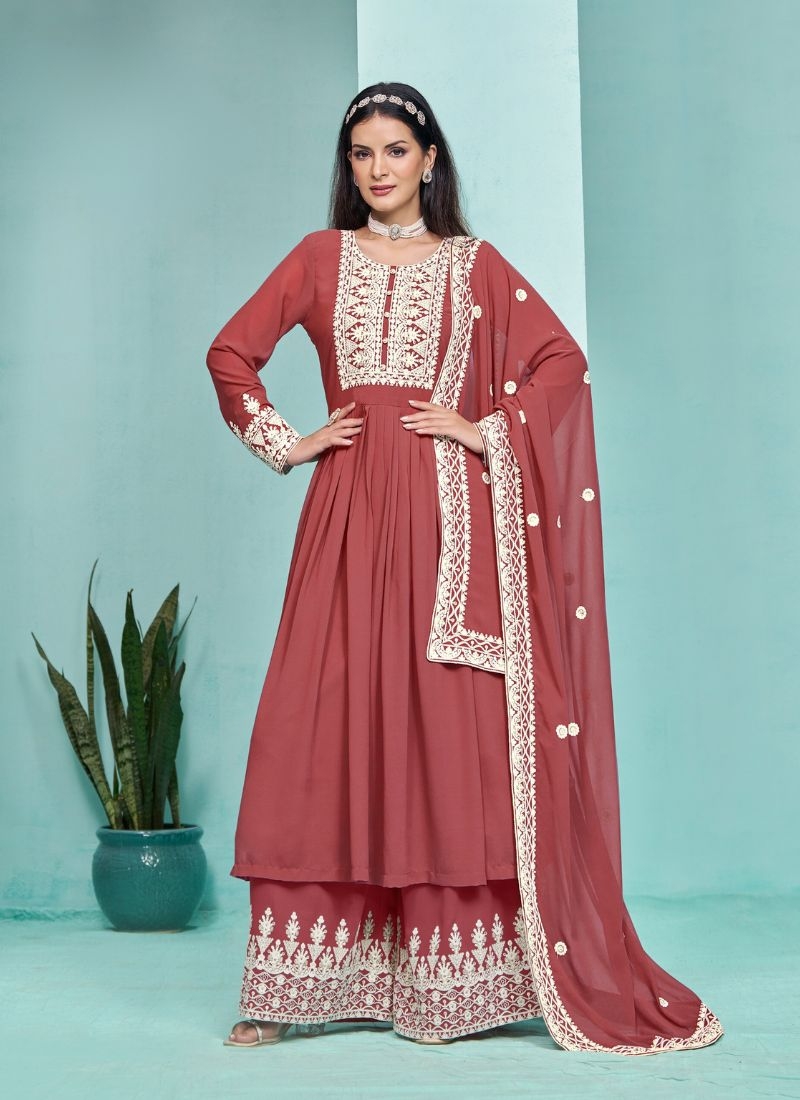 Stunning heavy embroidered georgette sharara suit in red