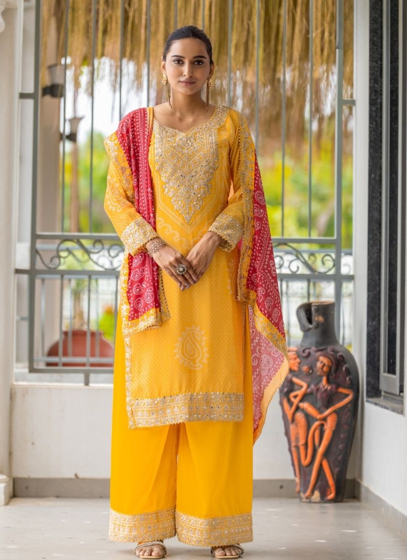 Stunning digital printed Chinon palazzo suit in yellow