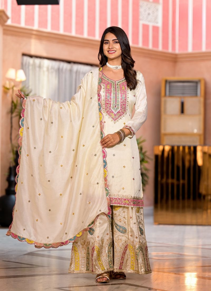 Trendy heavy embroidered chinon  palazzo suit in white