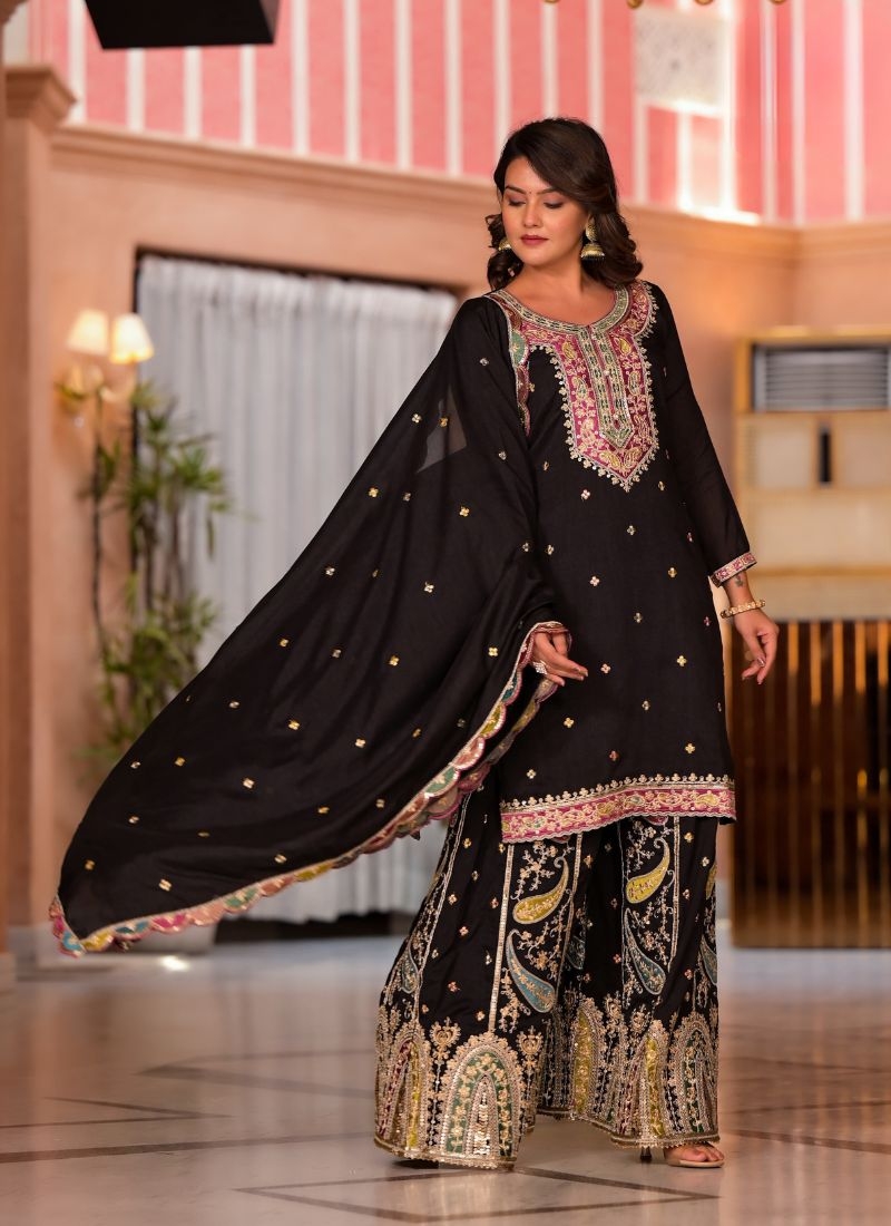 Trendy heavy embroidered chinon palazzo suit in black