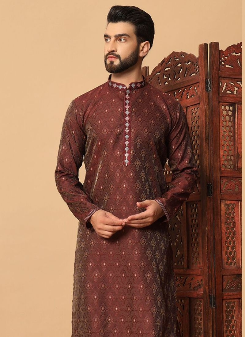 New jacquard printed cotton kurta pajama suit for men in maroon