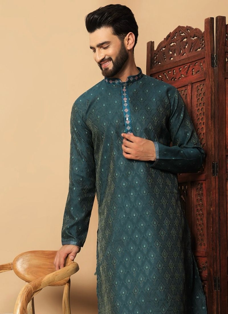 New jacquard printed cotton kurta pajama suit for men in blue