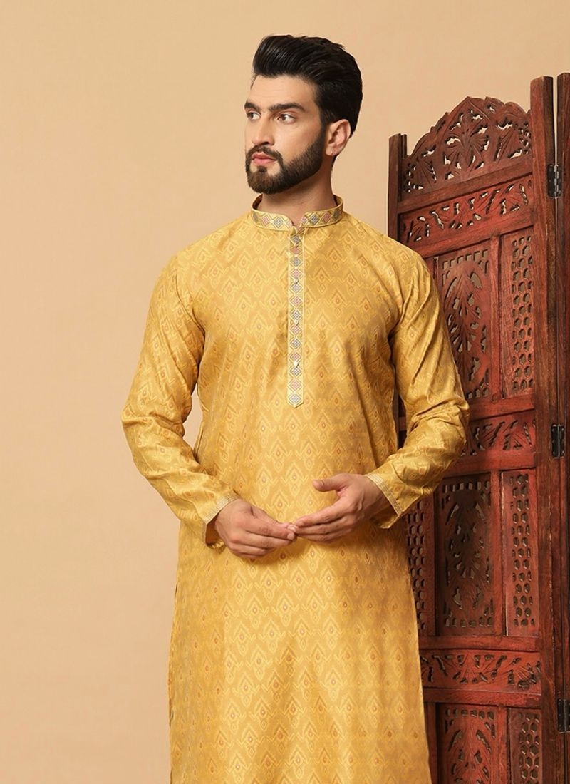 New jacquard printed cotton kurta pajama suit for men in yellow