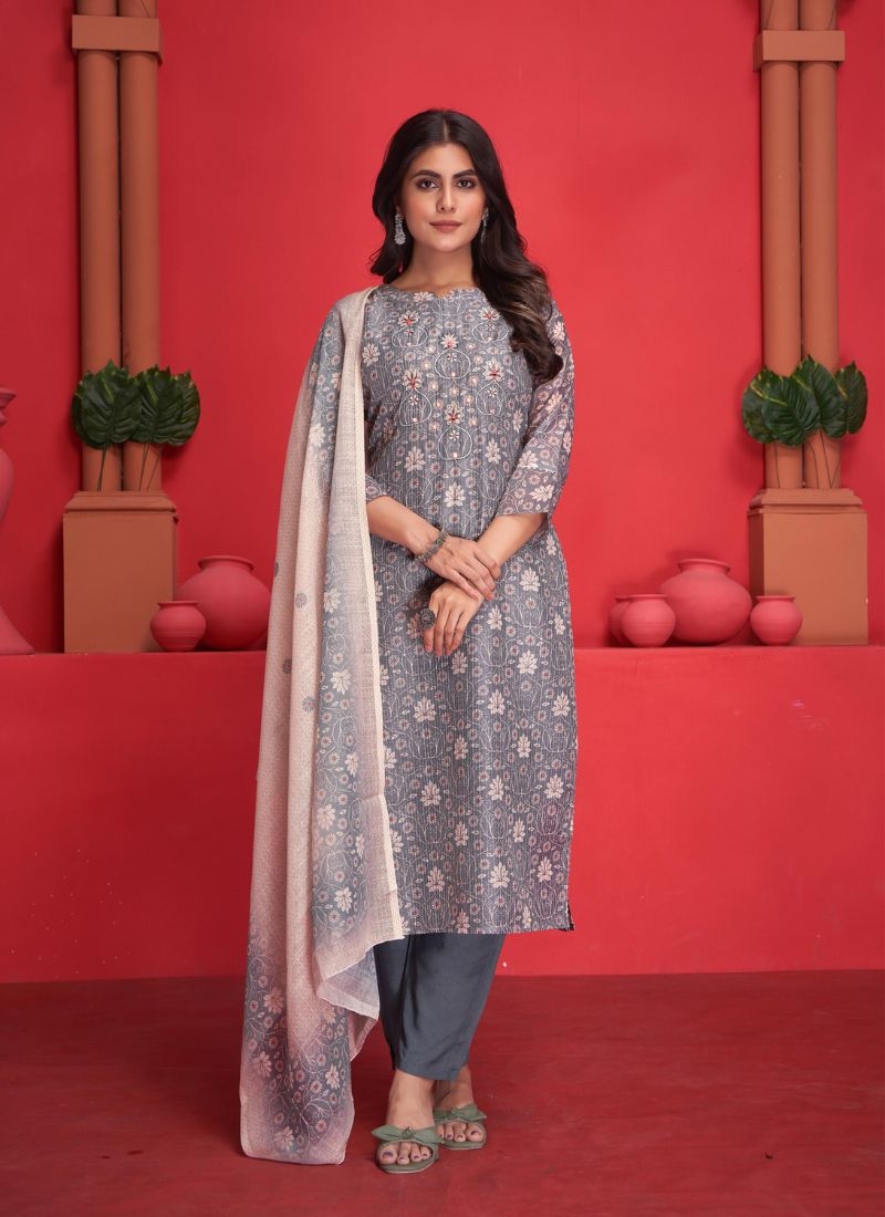 Stunning digital printed silk kurta pant suit in grey