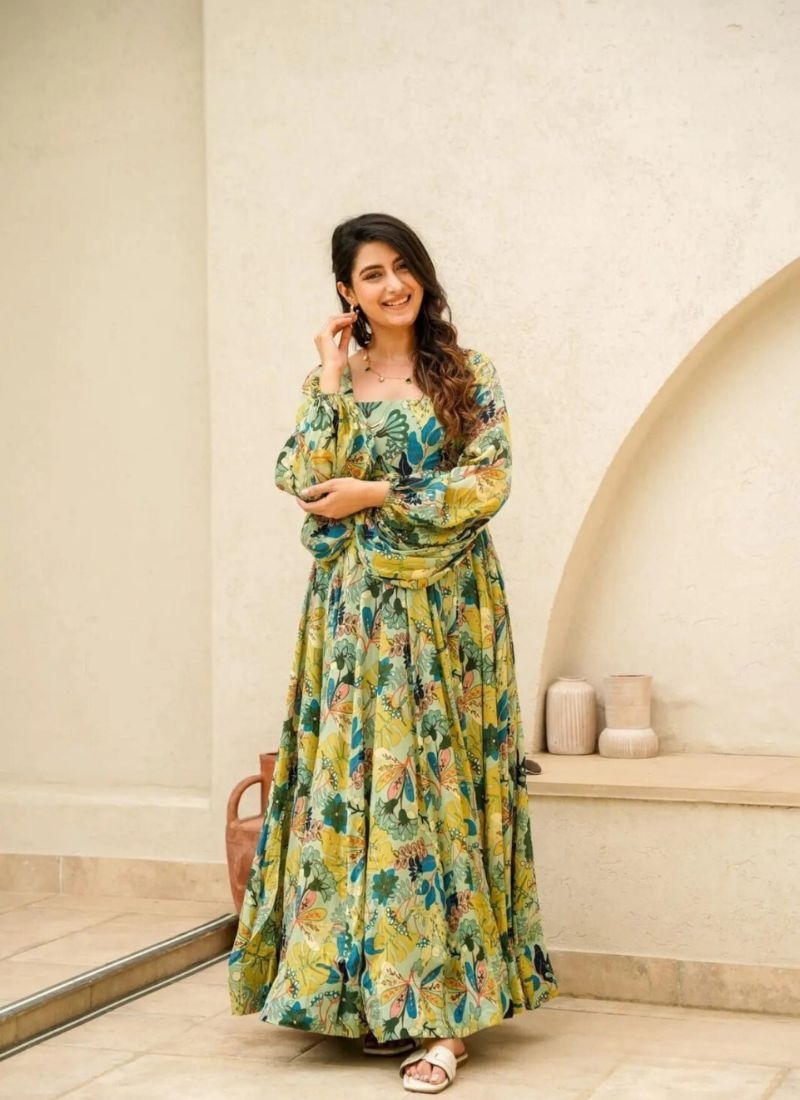 Gorgeous digital printed Chinon Anarkali suit in light green