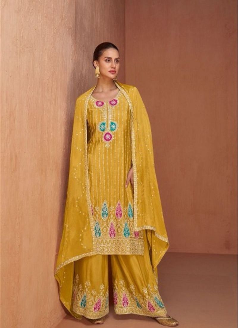 Stunning heavy embroidered Chinon palazzo suit in yellow