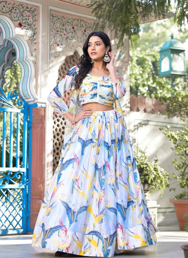 Exquisite digital printed georgette lehenga choli in sky blue