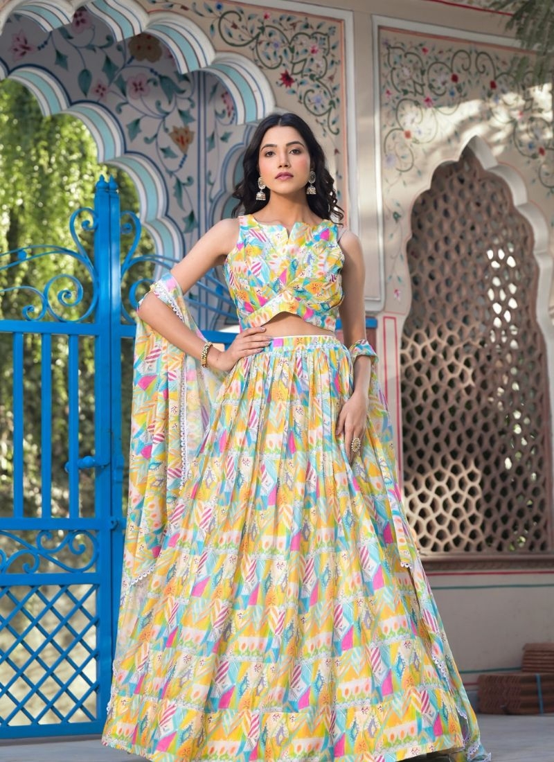 Exquisite digital printed georgette lehenga choli in light yellow