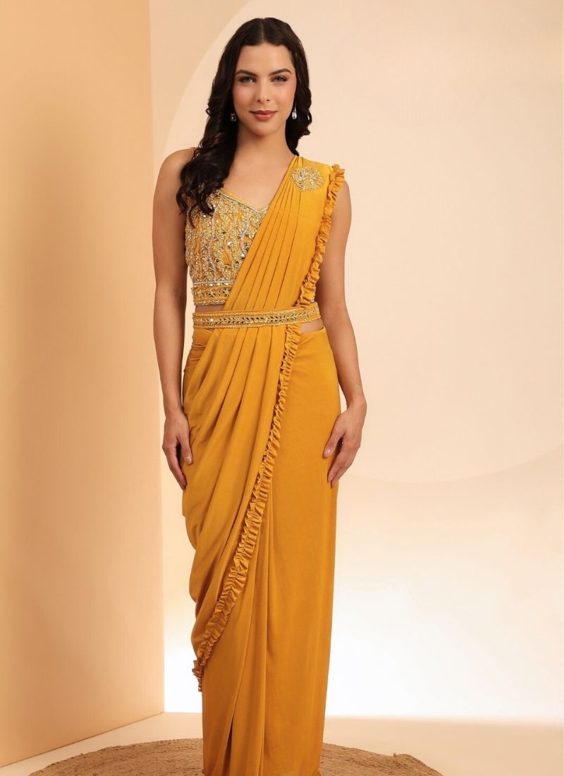 Designer hand embroidered chiffon saree in yellow