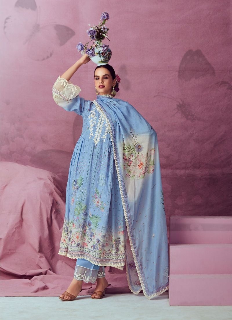 Beautiful embroidered pure muslin kurta pant suit in sky blue