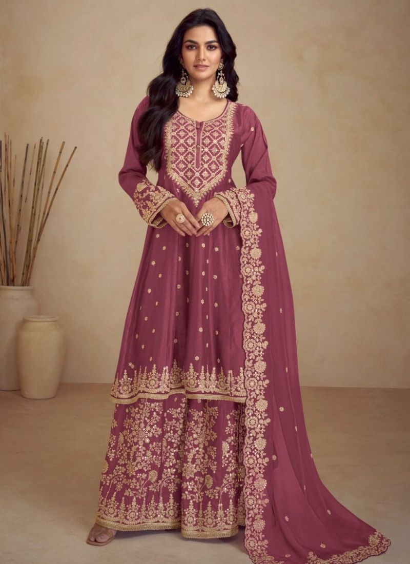 Stunning heavy embroidered Chinon palazzo suit in nude pink